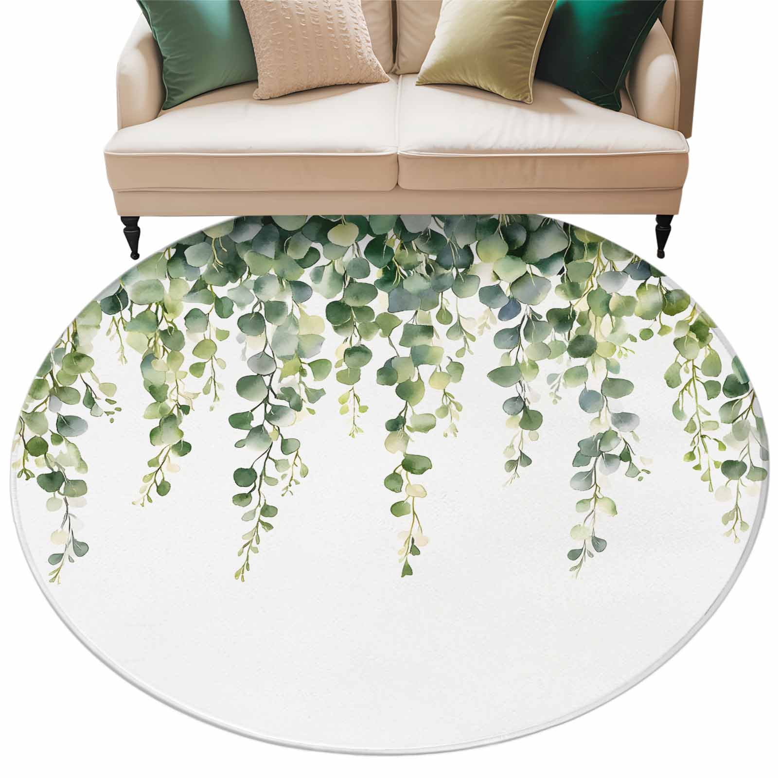 Eucalyptus Leaves Round Area Rug 8ft Gradient Green Leaf Non-Slip ...
