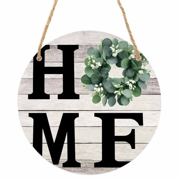 Eucalyptus Leaves Round Front Door Welcome Sign, 5.9 Inch Wall Hanging Decor for Indoor Outdoor, Rustic Botanical Plants Text Wood Grain Home Porch Hanger Decorations for Holiday Gift