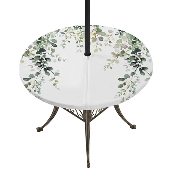 Eucalyptus Leaves Round Outdoor Tablecloth with Umbrella Hole Zipper, Pastoral Farmhouse Spring Botanical Elastic Fitted Table Cover, Waterproof Table Cloth for Patio Picnic Party Fits 36"-44"