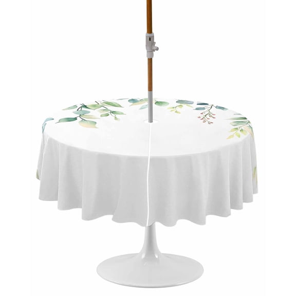 Eucalyptus Leaves Round Outdoor Tablecloth, Waterproof Table Cloth Cover with Umbrella Hole and Zipper, Green Botanical Summer Spring Table Protector for Patio Party Picnic 54" Round