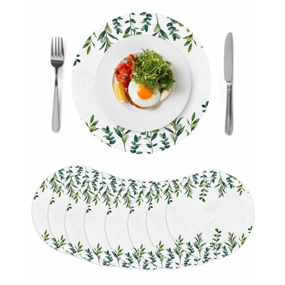 Eucalyptus Leaves Round Placemats Set of 8 for Dinning Tables,Heat-proof Braided Table Mats 15 Inch,Spring Pastoral Botanical Leaf Watercolor Washable Place Mat for Kitchen Restaurant Party Table