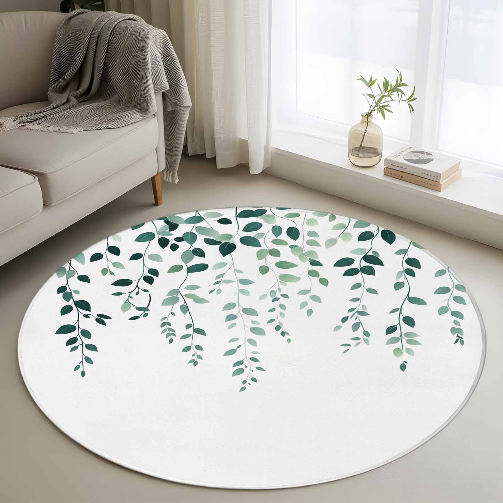 Eucalyptus Leaves Round Rug 4ft Washable Circle Entryway Rugs Non Slip ...