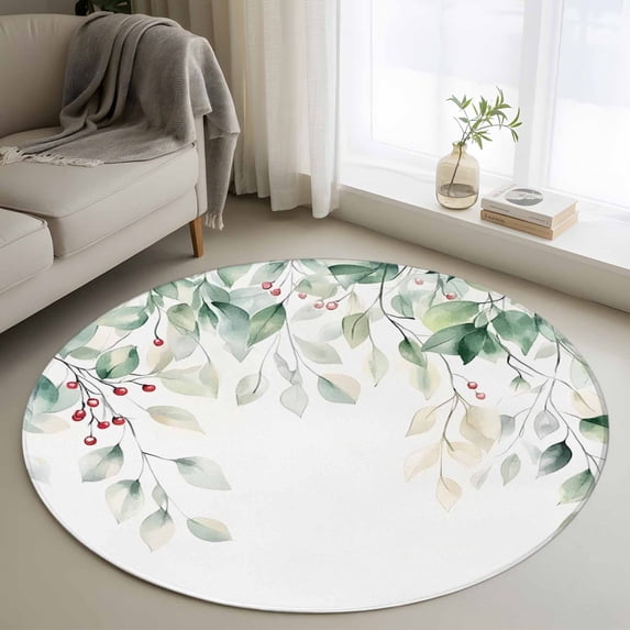 Eucalyptus Leaves Round Rugs 3ft, Spring Botanical Pastoral Watercolor Non Slip Washable Rug Runner, Low Pile Indoor Floor Carpet Mat Bathroom Rugs for Living Room, Bedroom, Kids Room