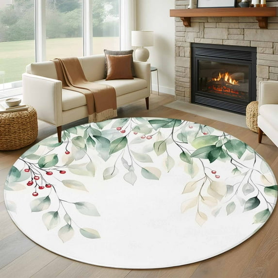 Eucalyptus Leaves Round Rugs 7ft, Spring Botanical Pastoral Watercolor Non Slip Washable Rug Runner, Low Pile Indoor Floor Carpet Mat Bathroom Rugs for Living Room, Bedroom, Kids Room