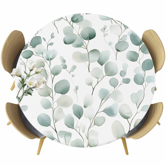 Eucalyptus Leaves Round Tablecloth 36-44 Inch Round Fitted Table Cloth with Elastic Edge, Botanical Plant Farm Pattern Herb Waterproof Table Cover Protector for Outdoor Picnic Party Dining