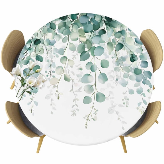 Eucalyptus Leaves Round Tablecloth 36-44 Inch Round Fitted Table Cloth with Elastic Edge, Green Botanical Summer Spring Leaves Waterproof Table Cover Protector for Outdoor Picnic Party Dining