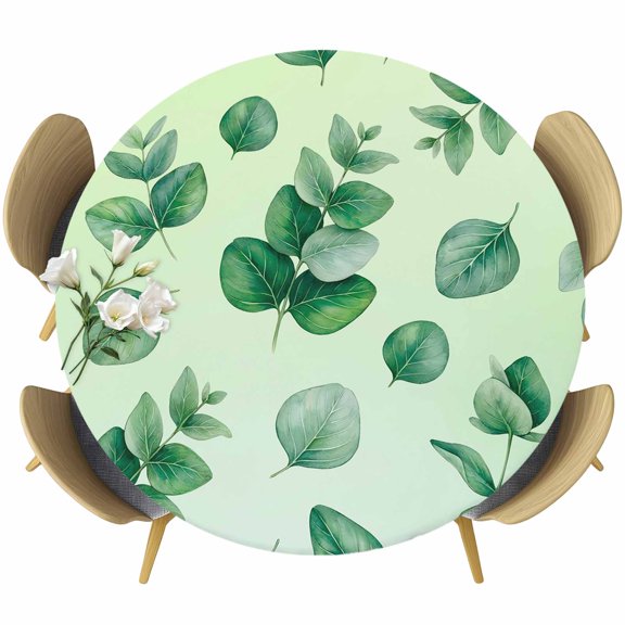 Eucalyptus Leaves Round Tablecloth 36-44 Inch Round Fitted Table Cloth with Elastic Edge, Sage Green Weeping Leaf Plants Spring Waterproof Table Cover Protector for Outdoor Picnic Party Dining