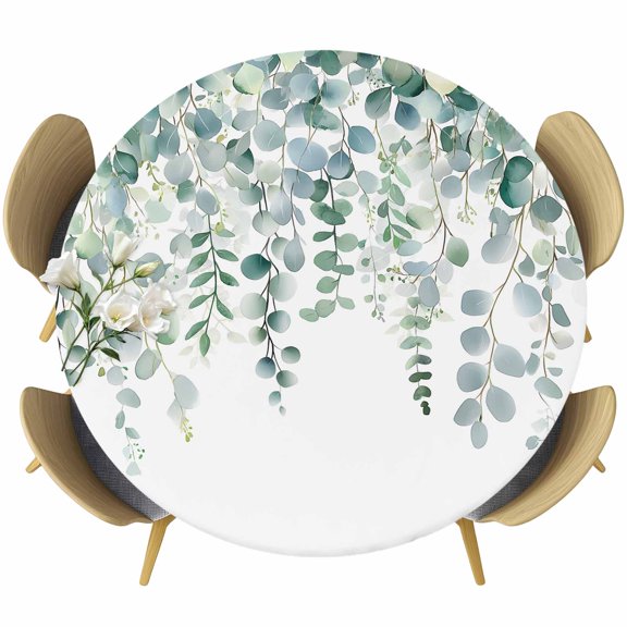 Eucalyptus Leaves Round Tablecloth 36-44 Inch Round Fitted Table Cloth with Elastic Edge, Teal Botanical Summer Weeping Waterproof Table Cover Protector for Outdoor Picnic Party Dining