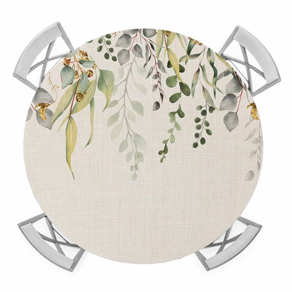 Eucalyptus Leaves Round Tablecloth for 36-44 Inch Tables, Fitted Table Cover with Elastic Edge, Green Summer Botanical Rustic Waterproof Outdoor Table Cloth Protector for Patio Garden Dinner Picnic