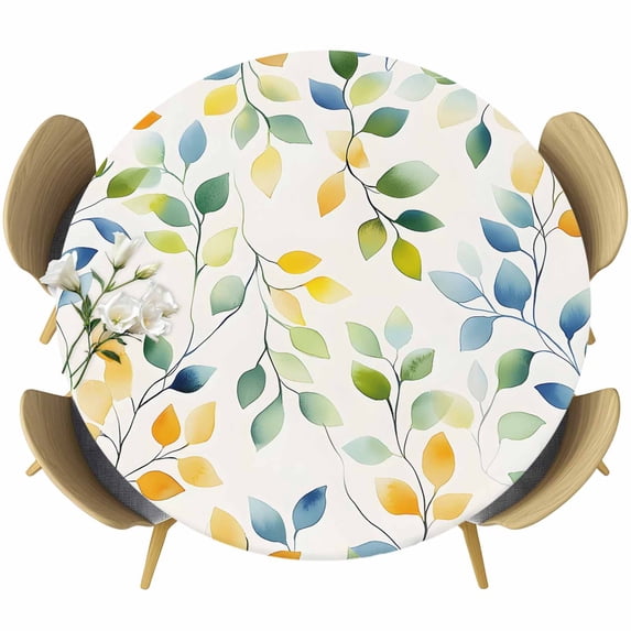 Eucalyptus Leaves Round Tablecloth 45-54 Inch Round Fitted Table Cloth with Elastic Edge, Farmhouse Spring Botanical Vines Waterproof Table Cover Protector for Outdoor Picnic Party Dining