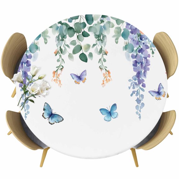 Eucalyptus Leaves Round Tablecloth 55-60 Inch Round Fitted Table Cloth with Elastic Edge, Watercolor Botanical Floral Butterfly Waterproof Table Cover Protector for Outdoor Picnic Party Dining