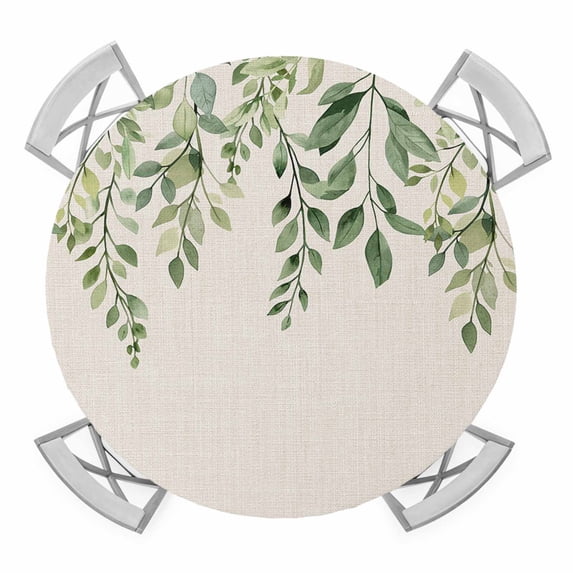 Eucalyptus Leaves Round Tablecloth for 55-60 Inch Tables,Fitted Table Cover with Elastic Edge,Sage Green Spring Botanical Rustic Waterproof Outdoor Table Cloth Protector for Patio Garden Dinner
