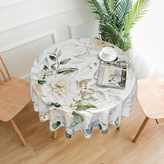 Eucalyptus Leaves Round Tablecloth 60 Inch, White Rose Flowers Circle Table Cloth, Stain Resistance Water Repellent Colorful Tablecloth Decor for Home Kitchen Dining Indoor Outdoor