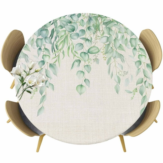Eucalyptus Leaves Round Tablecloth, Fitted Table Cover with Elastic for 36"-44" Round Tables, Sage Green Summer Botanical Weeping Rustic Table Cloth Outdoor Dinning Party Waterproof Tablecloths