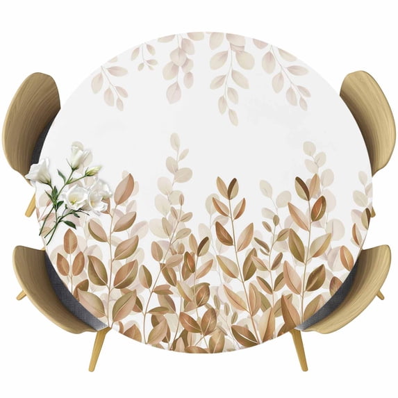 Eucalyptus Leaves Round Tablecloth, Fitted Table Cover with Elastic for 45"-54" Round Tables, Spring Plants Country Yellow Table Cloth Outdoor Indoor Dinning Party Waterproof Tablecloths