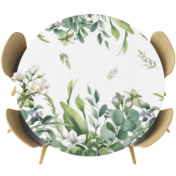 Eucalyptus Leaves Round Tablecloth, Fitted Table Cover with Elastic for 55"-60" Round Tables, Rustic Green Plants Botanical Table Cloth Outdoor Indoor Dinning Party Waterproof Tablecloths