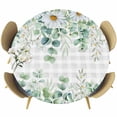 thumbnail image 1 of Eucalyptus Leaves Round Tablecloth, Fitted Table Cover with Elastic for 55"-60" Round Tables, Spring Daily Flowers Plants Gray Plaid Table Cloth Outdoor Indoor Dinning Party Waterproof Tablecloths, 1 of 7