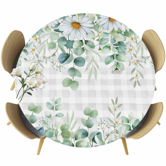Eucalyptus Leaves Round Tablecloth, Fitted Table Cover with Elastic for 55"-60" Round Tables, Spring Daily Flowers Plants Gray Plaid Table Cloth Outdoor Indoor Dinning Party Waterproof Tablecloths