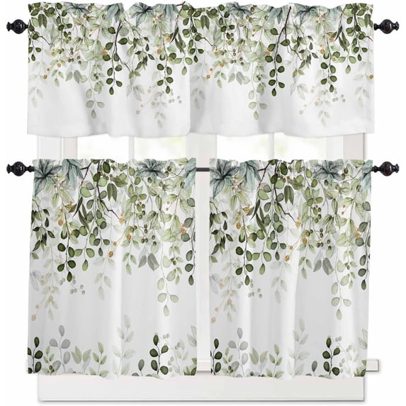 Eucalyptus Leaves Sage Green Kitchen Curtains Set, Farmhouse Valances Curtains Tier Rod Pocket Half Window Curtain 36 Inch Length, Spring Summer Herb Plant Curtains for Living Room Bedroom