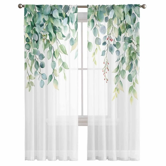 Eucalyptus Leaves Semi Sheer Curtains 108 Inch Length 2 Panels Set, Green Botanical Summer Spring Sheer Kitchen Curtain Privacy Voile Window Curtain for Living Room Bedroom Rod Pocket Drapes