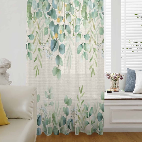 Eucalyptus Leaves Semi Sheer Curtains Drapes for Living Room, Bedroom, French Doors Window 45 Inches Long, Sage Green Summer Botanical Rod Pocket Chiffon Curtain Drapery Voile Draperies Panel