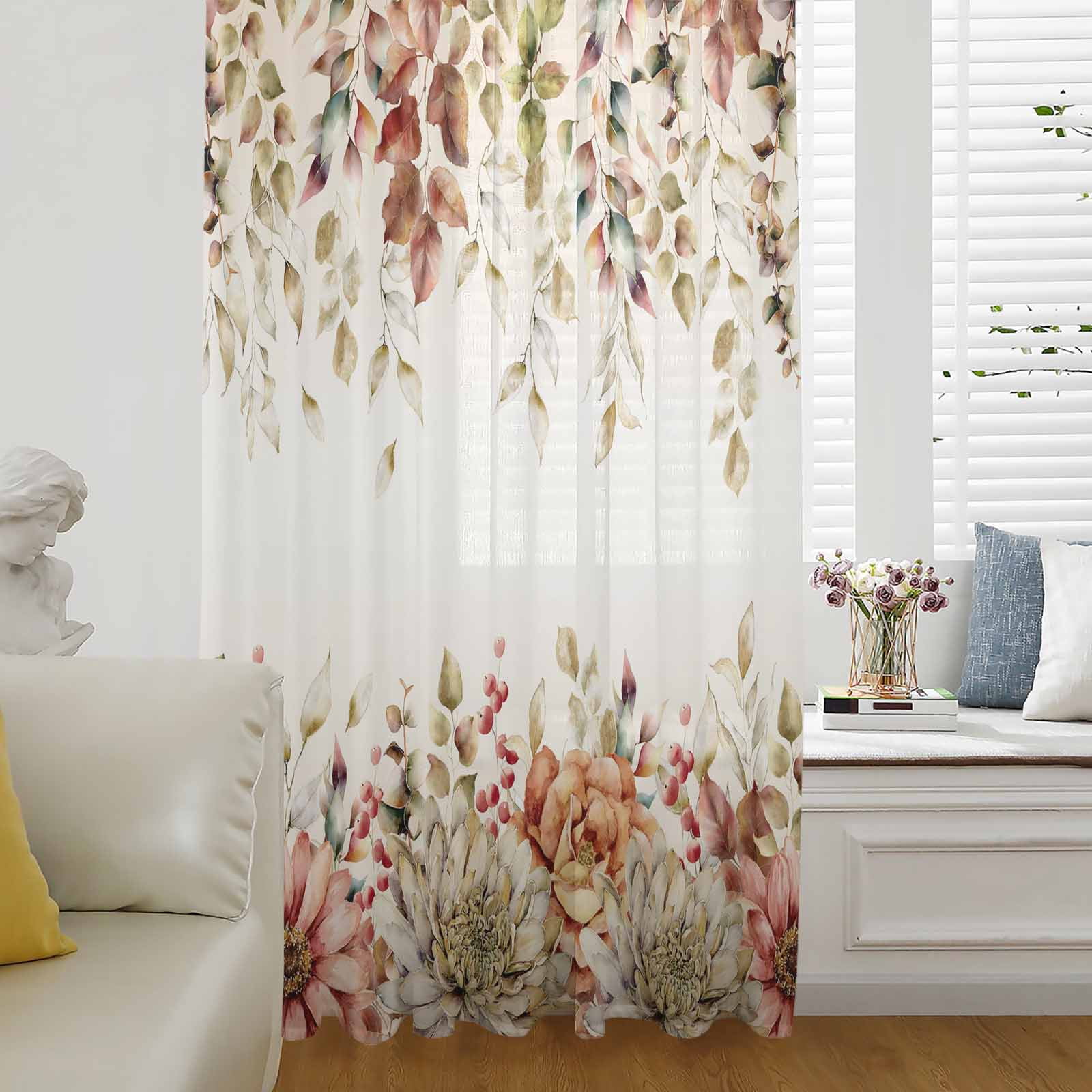 Eucalyptus Leaves Semi Sheer Curtains Drapes for Living Room,Bedroom