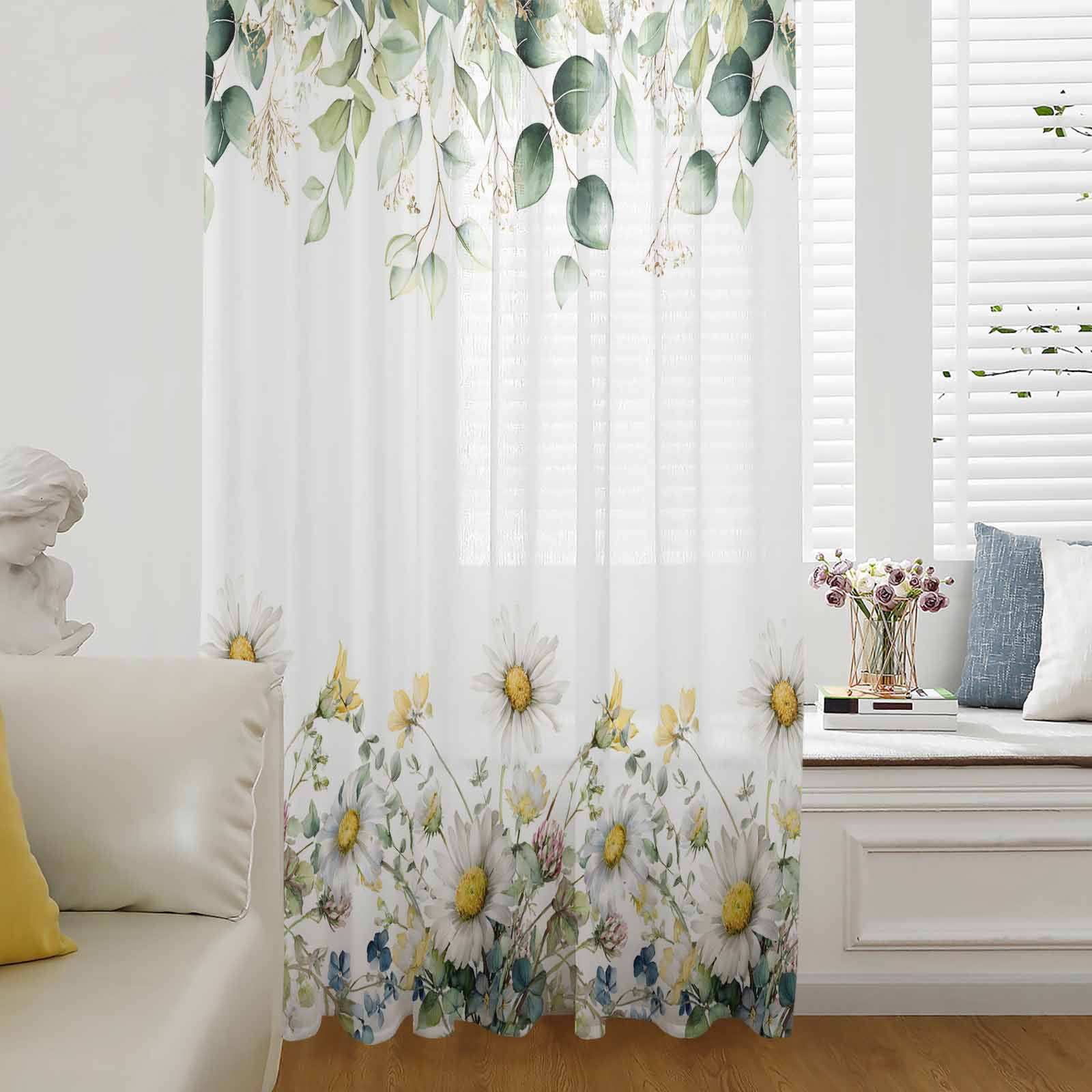 Eucalyptus Leaves Semi Sheer Curtains Drapes for Living Room, Bedroom