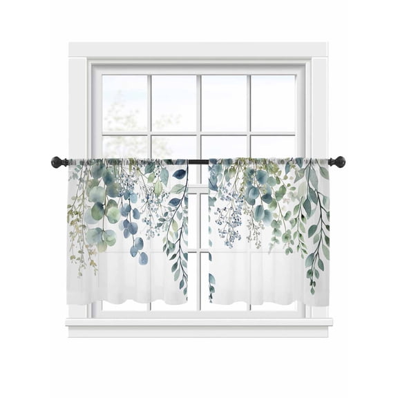 Eucalyptus Leaves Sheer Curtains 2 Panels Set Green Plants Farmhouse Sheer Window Curtains Light Filtering Rod Pocket Voile Drapes for Bedroom Living Room 52"x45"