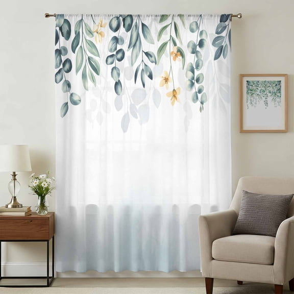 Eucalyptus Leaves Sheer Curtains 45 Inches Long, Blue Green Summer Botanical Weeping Light Filering Curtains, Breathable Simi Curtain Privacy Drapes for Kitchen Bathroom Small Window Treatment