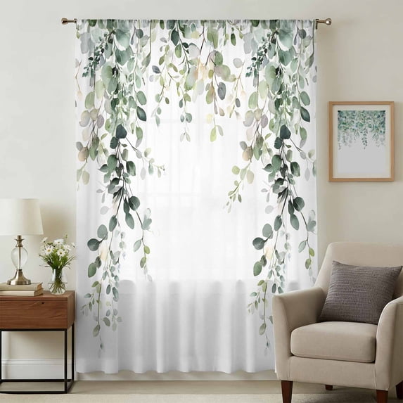 Eucalyptus Leaves Sheer Curtains 45 Inches Long, Spring Sage Green Summer Botanical Light Filering Curtains, Breathable Simi Curtain Privacy Drapes for Kitchen Bathroom Small Window Treatment