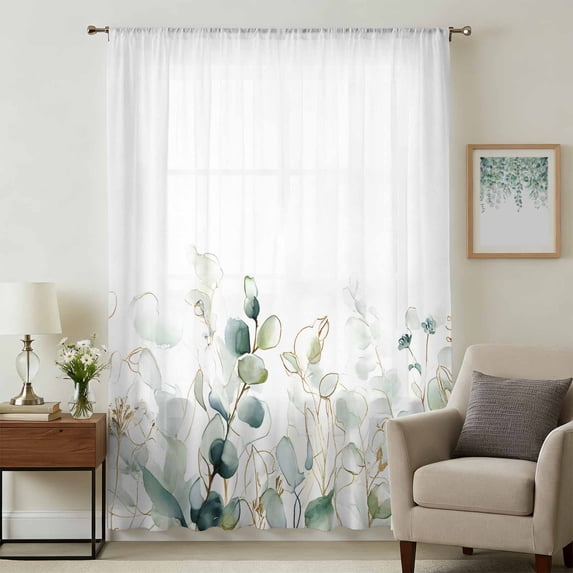 Eucalyptus Leaves Sheer Curtains 45 Inches Long, Watercolor Sage Green Gold Branches Light Filering Curtains, Breathable Simi Curtain Privacy Drapes for Kitchen Bathroom Small Window Treatment