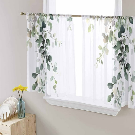 Eucalyptus Leaves Sheer Curtains 54 Inches Length 2 Panels Set, Window Sheer Curtains for Living Room/Bedroom, Spring Sage Green Summer Botanical Light Filtering Rod Pocket Curtain 52'' x 54'' x 2