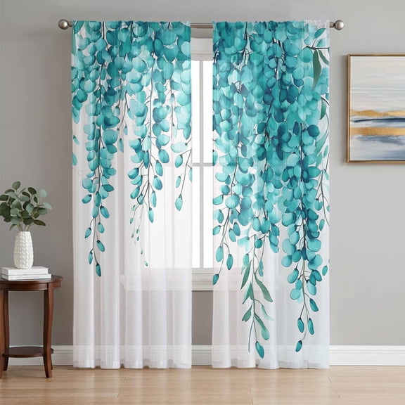 Eucalyptus Leaves Sheer Curtains 63 Inch Length 2 Panels Set, Green Botanical Plants Watercolor Voile Window Treatment Rod Pocket Curtains Sheers Drapes for Bedroom/Living Room/Kitchen 52x"63"x2