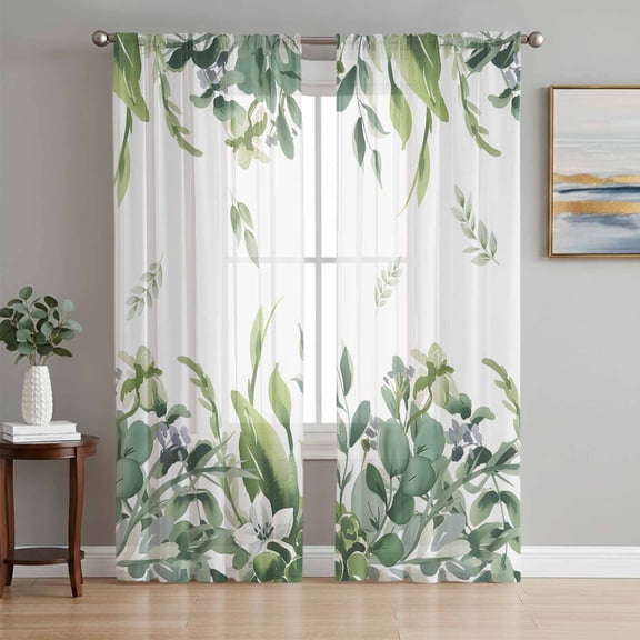 Eucalyptus Leaves Sheer Curtains 63 Inch Length 2 Panels Set, Rustic Green Plants Botanical Voile Window Treatment Rod Pocket Curtains Sheers Drapes for Bedroom/Living Room/Kitchen 52x"63"x2