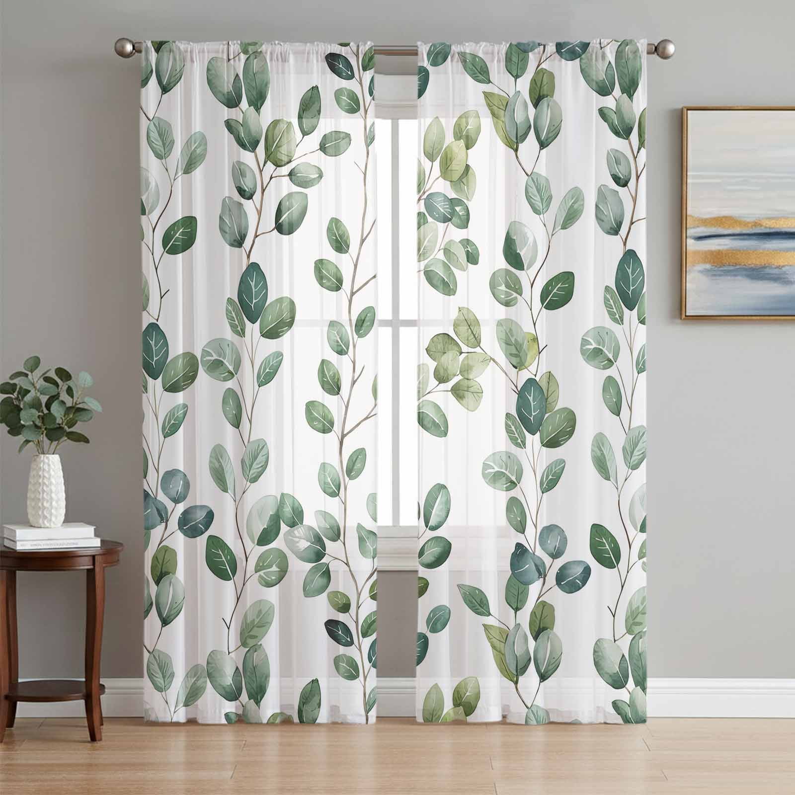 Eucalyptus Leaves Sheer Curtains 63 Inch Length 2 Panels Set Window ...