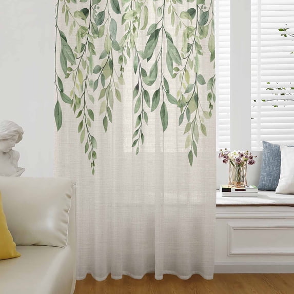 Eucalyptus Leaves Sheer Curtains 63 Inch Length, Light Filtering Voile Curtain Panel, Sage Green Spring Botanical Rustic Rod Pocket Drapes Window Treatments for Living Room Bedroom 52"x63"