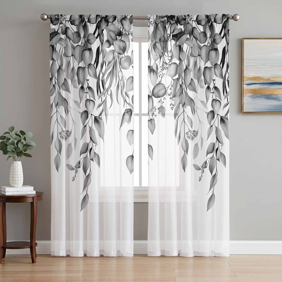 Eucalyptus Leaves Sheer Curtains 72 Inch Length 2 Panels Set, Black Grey Summer Botanical Weeping Voile Window Treatment Rod Pocket Curtains Sheers Drapes for Bedroom/Living Room/Kitchen 52"x72"x2