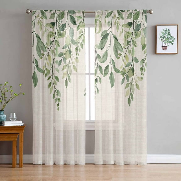 Eucalyptus Leaves Sheer Curtains 72 Inches Long 2 Panels Set, Window Sheer Curtains for Living Room/Bedroom, Sage Green Spring Botanical Rustic Light Filtering Rod Pocket Curtain 52'' x 72'' x 2