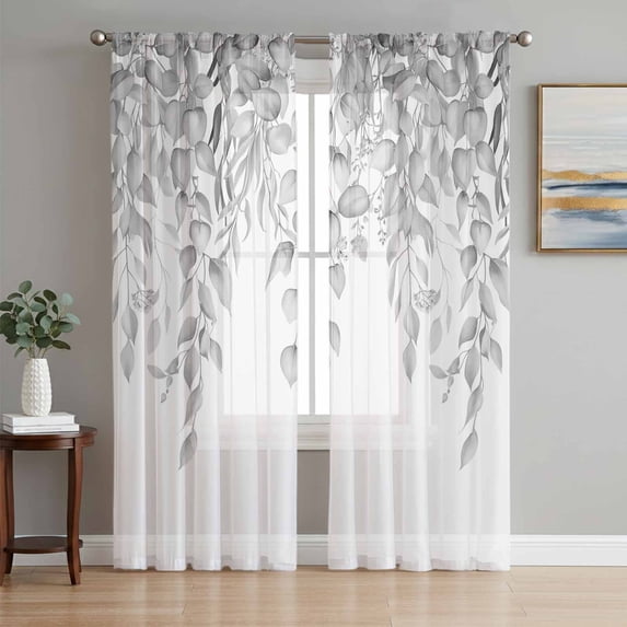 Eucalyptus Leaves Sheer Curtains 84 Inch Length 2 Panels Set, Grey Summer Botanical Weeping Voile Window Treatment Rod Pocket Curtains Sheers Drapes for Bedroom/Living Room/Kitchen 52"x84"x2