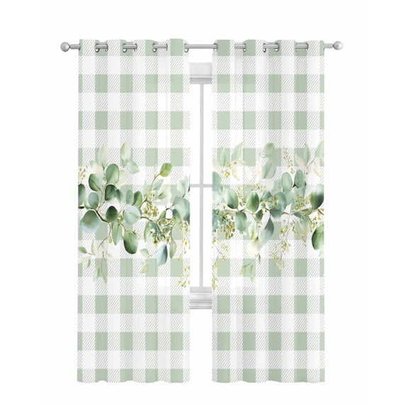 Eucalyptus Leaves Sheer Curtains 84 Inch Length 2 Panels Set for Living Room/Bedroom, Green Plaid Farmhouse Watercolor Kitchen Curtains Grommet Semi-Sheer Curtains Drapes Window Treatments 42"x84"x2