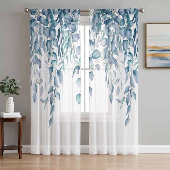 Eucalyptus Leaves Sheer Curtains 96 Inch Length 2 Panels Set, Light Blue Summer Botanical Weeping Voile Window Treatment Semi Sheer Long Curtains Drapes for Bedroom/Living Room/Kitchen 52"x96"x2
