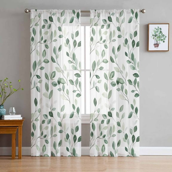 Eucalyptus Leaves Sheer Curtains 96 Inches Long 2 Panels Set, Window Sheer Curtains for Living Room/Bedroom, Watercolor Summer Botanical Green Light Filtering Rod Pocket Curtain 52'' x 96'' x 2