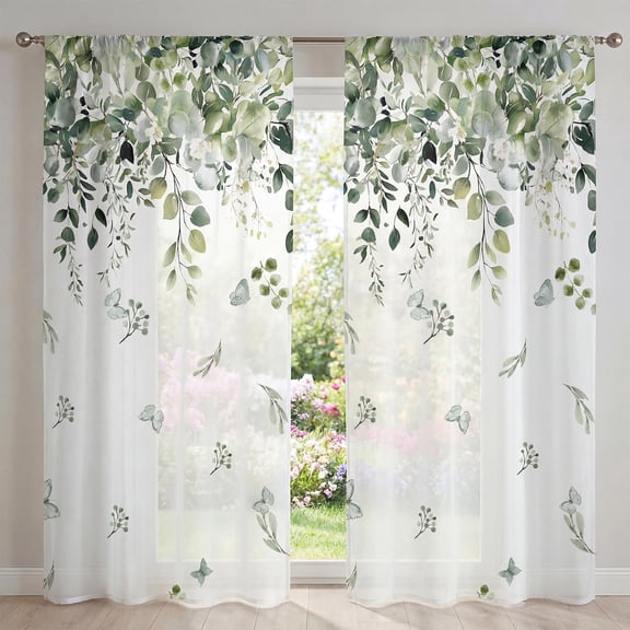 Eucalyptus Leaves Sheer Curtains for Living Room and Bedroom, Floral Spring Printed Window Curtains, Holiday Window Drapes Decor, 52" W x 84" L, Set of 2 Curtain Panels