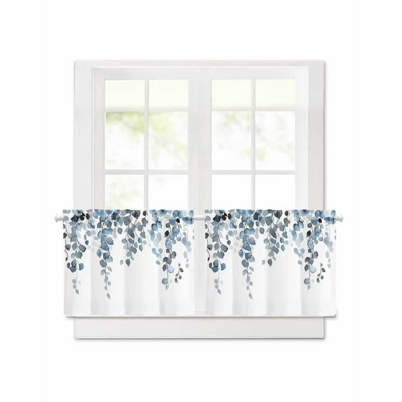 Eucalyptus Leaves Short Blackout Curtains 36 Inch Long Watercolor Light Blue Leaf Rod Pocket Kitchen Curtains, 2 Panels Thermal Insulated Room Darkening Drapes for Bedroom, 42"W x 36"L