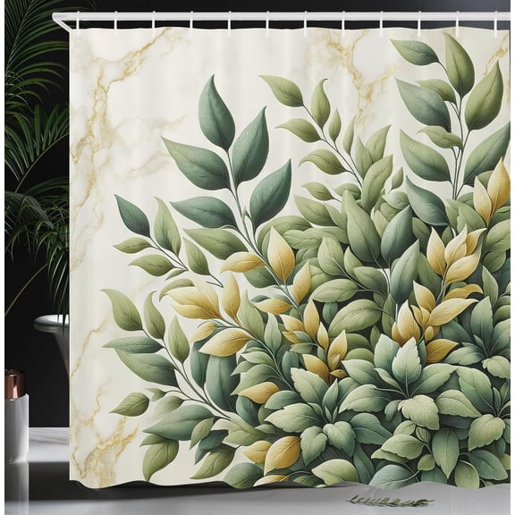 Eucalyptus Leaves Shower Curtain, Bold Branches with Retro Nature Concept on Marble Print Back, Cloth Fabric Bathroom Decor Set with Hooks, 69" W x 84" L, Laurel Green Eggshell