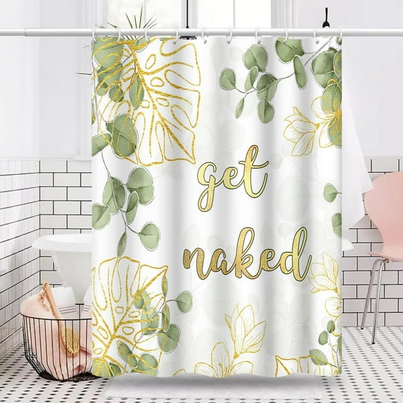 Eucalyptus Leaves Shower Curtain Get Naked Green and Gold Leaf Plant for Modern Aesthetic Bathroom Shower Curtain Decor Waterproof Polyester Fabric with Hooks, 72x84 Inch