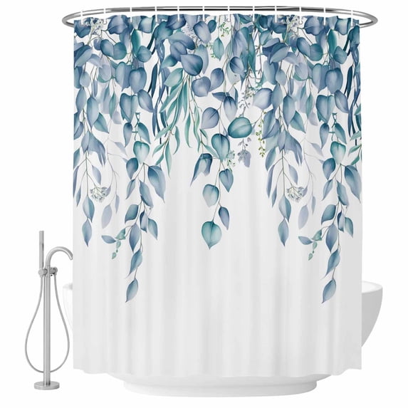 Eucalyptus Leaves Shower Curtain Set - Small 36" x 72" Washable Bathtub Curtain with 12 Hooks, Light Blue Summer Botanical Weeping Waterproof Fabric Stall Shower Curtains for Bathroom/Bathtub Décor