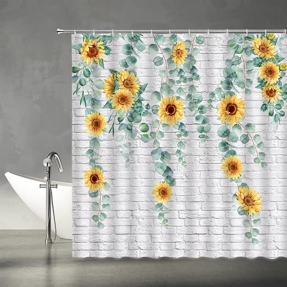 Eucalyptus Leaves Shower Curtain Watercolor Sunflower Floral Botanical Nature Fabric Bathroom Curtains Decor Set with Hook(72" Wx84 H)