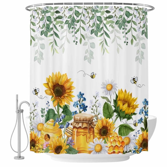 Eucalyptus Leaves Shower Curtain, Waterproof Shower Curtains for Bathroom, Sunflowers Spring Watercolor Country Floral Bee Washable Bathtub Curtain Set Bath Decor with 12 Hooks Standard 72"x72"