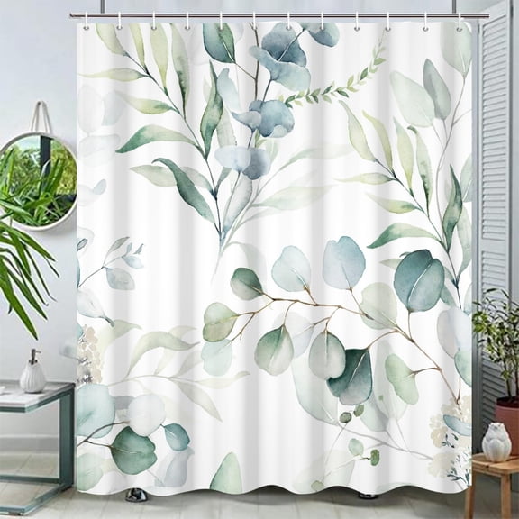 Eucalyptus Leaves Shower Curtains Modern Aesthetics Nature Green Leaves Waterproof Washable Fabric Bathroom Decor Unique Design Shower Curtain with Hooks 60"W x 72"L (Pack of 1)